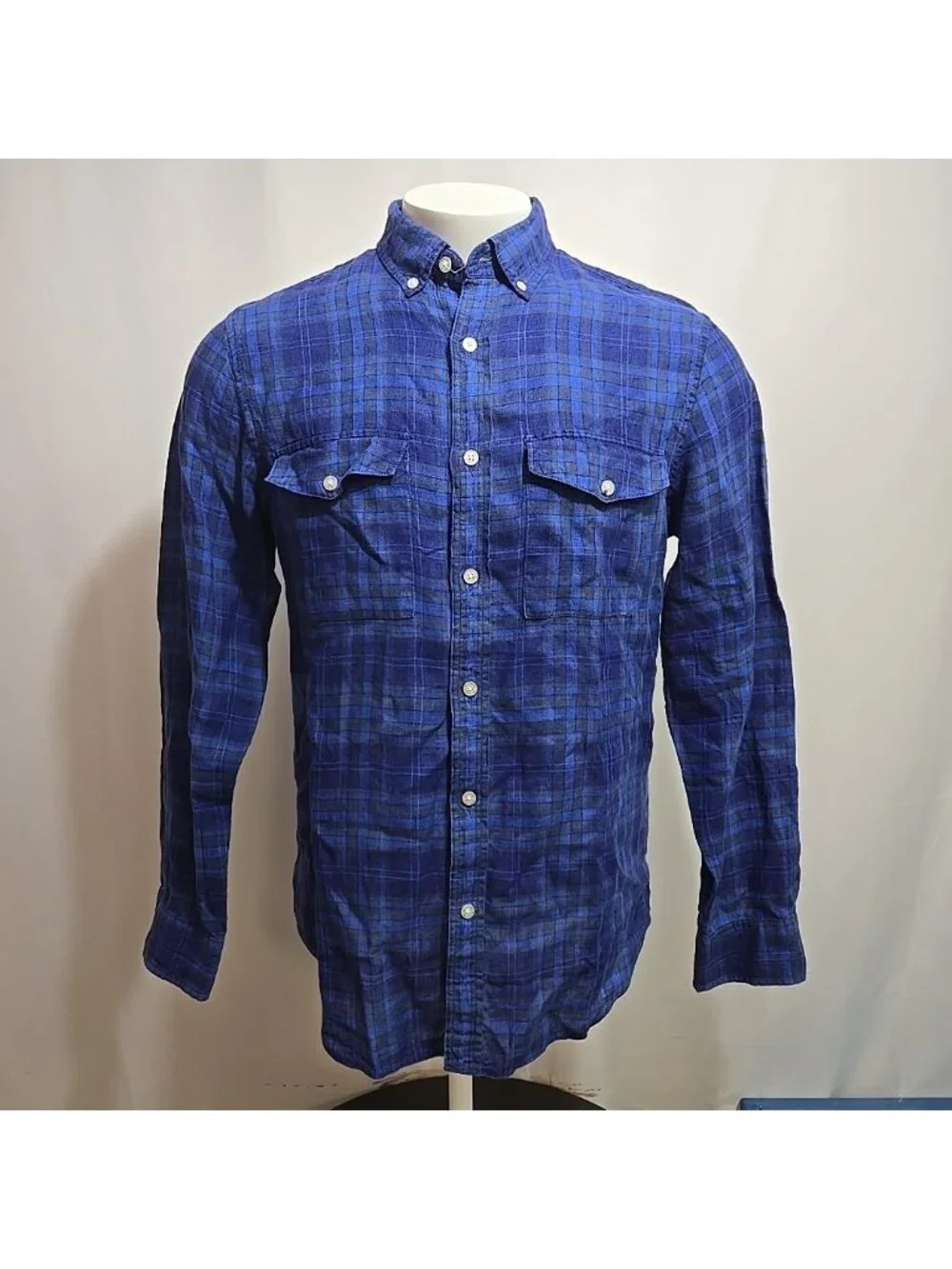 Banana Republic 100% Linen Shirt Mens Size Medium Slim Fit Blue Plaid